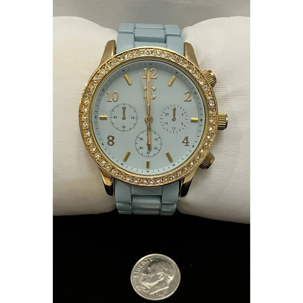 Charming Charlie Mint Aqua Blue Crystal Rhinestone Gold Tone Acrylic Band Watch
